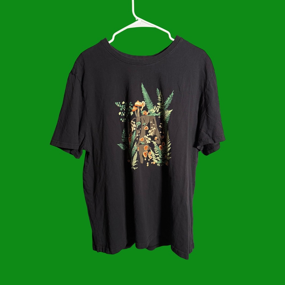 Nature Graphic T-Shirt‎ Black Mushroom Fern Gorpcore Mens Large Short Sleeve